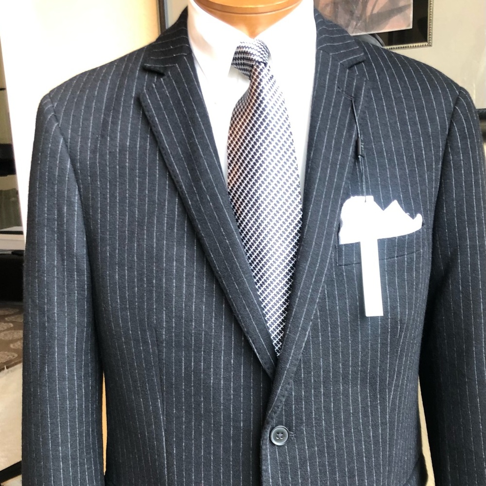 NEW Bar III Knit Tailoring 2 Button Wool and Cotton Black Pinstripe 44L Slim Fit